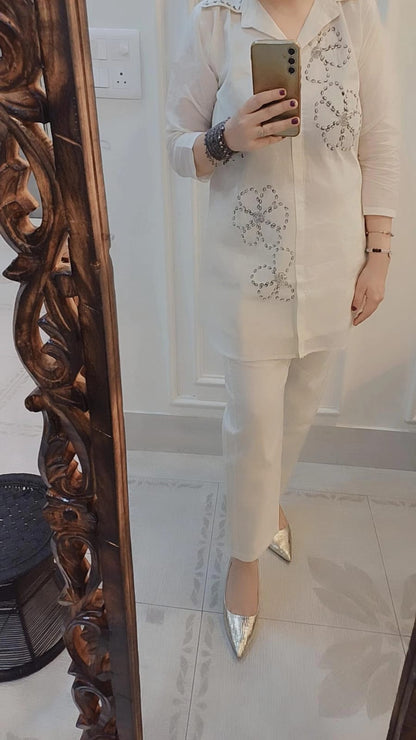 Hand-Embellished Pearl Collar Co-ord Set