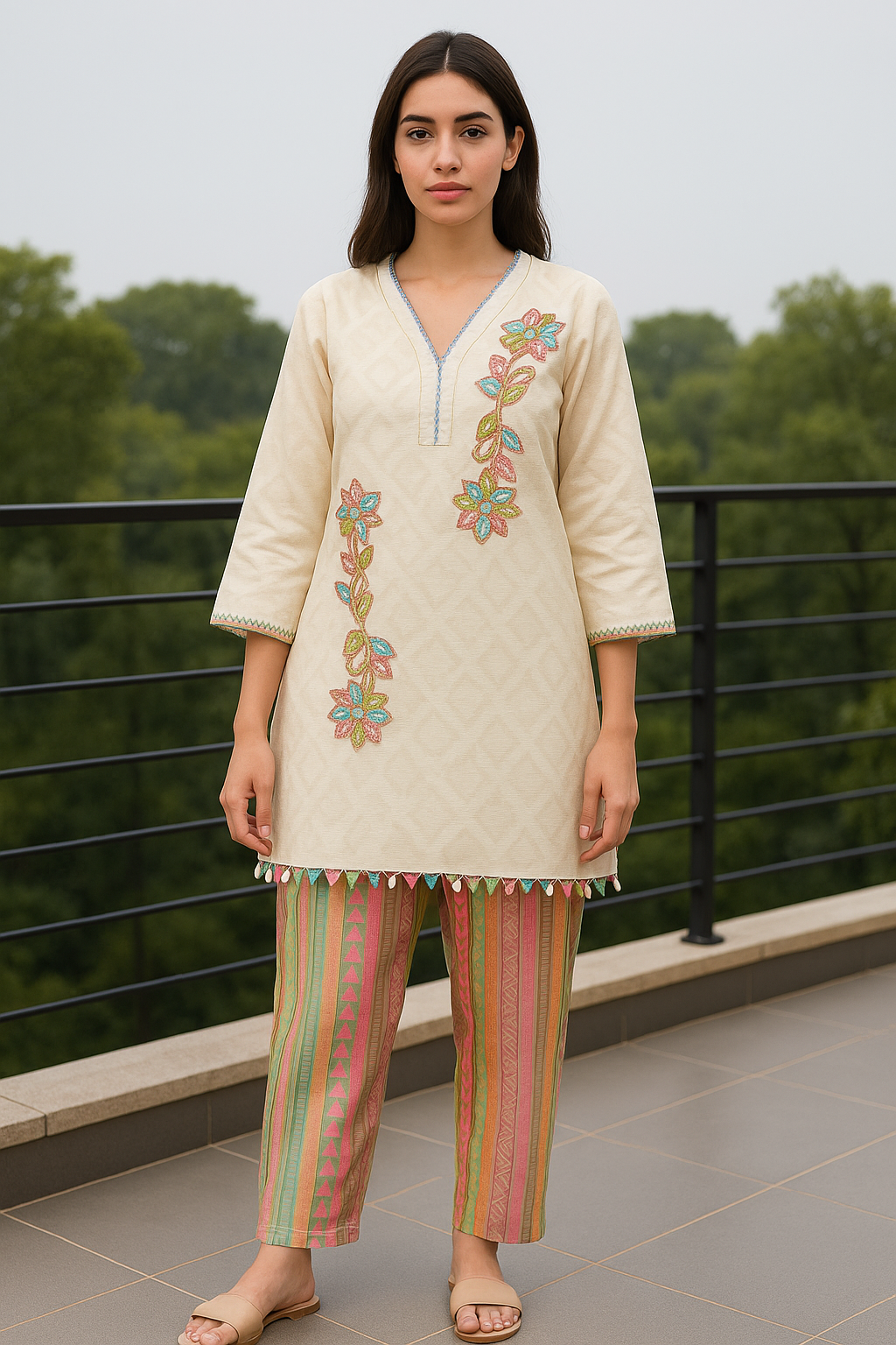 Pastel Embellished Jacquard Cotton Co-ord Set