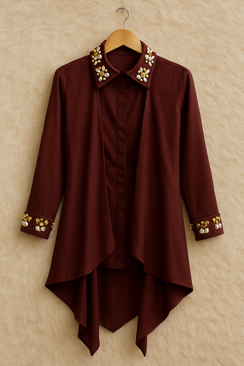 Hand-Embroidered Satin Drape Maroon Shirt
