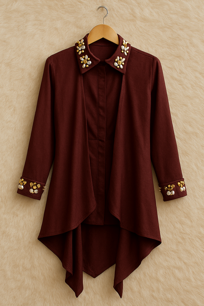 Hand-Embroidered Satin Drape Maroon Shirt