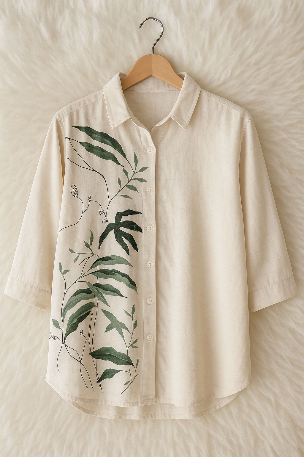 Ivory Leaf Print Khadi Cotton Shirt