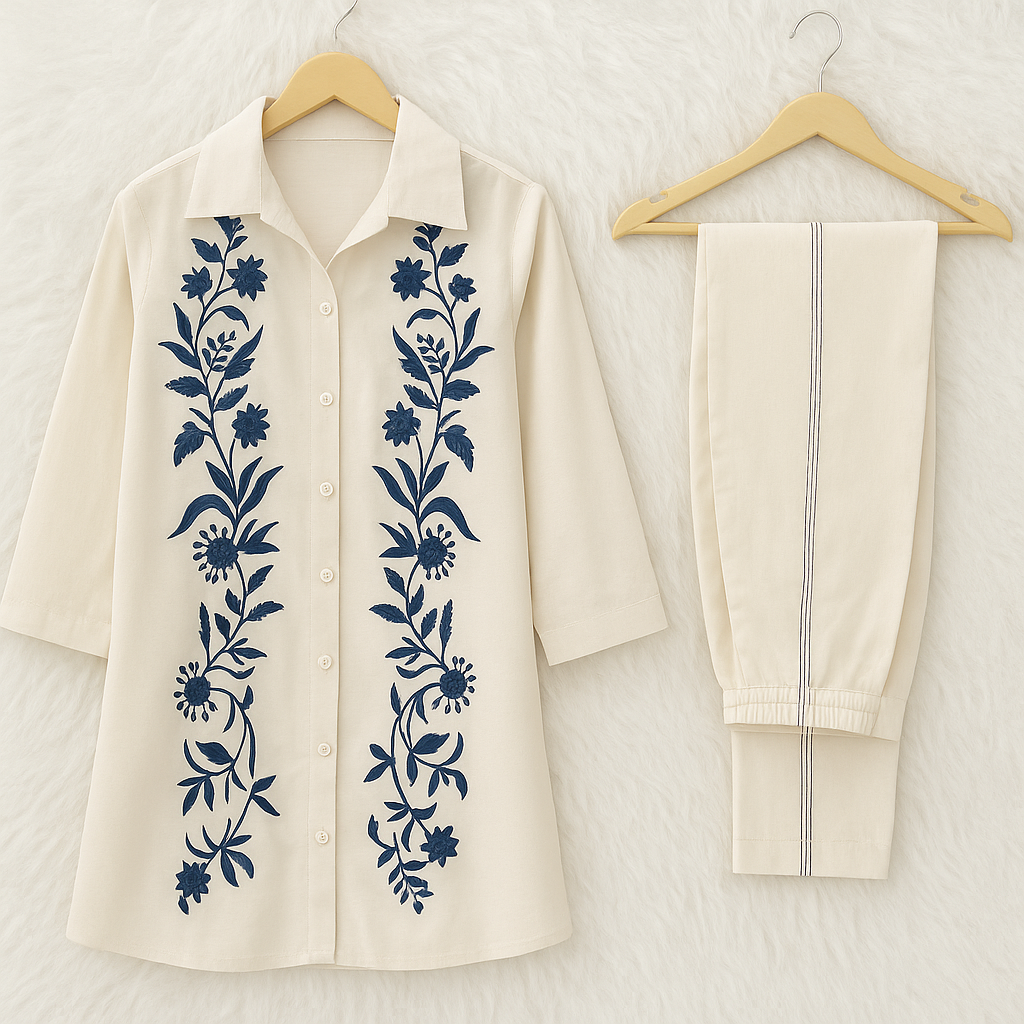 Blue Thread Embroidered Cotton Co-ord Set