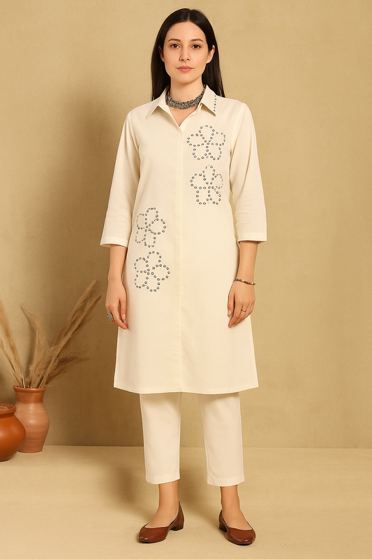 Hand-Embellished Pearl Collar Co-ord Set