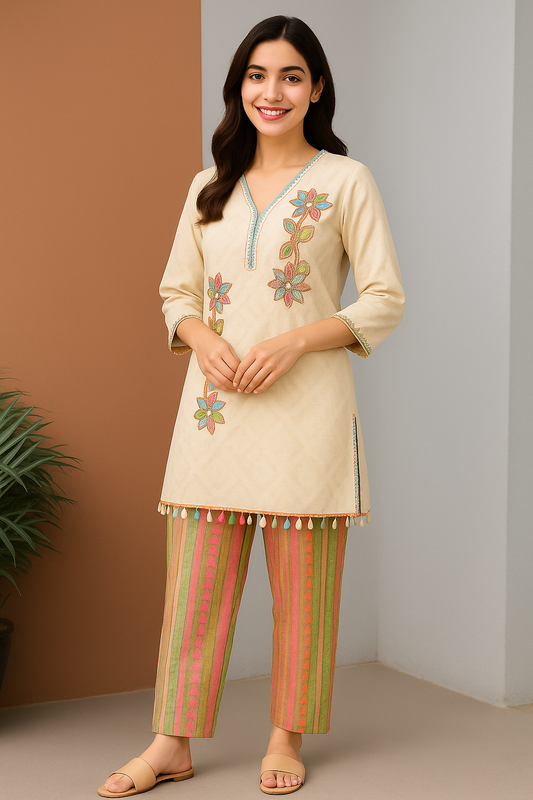 Pastel Embellished Jacquard Cotton Co-ord Set