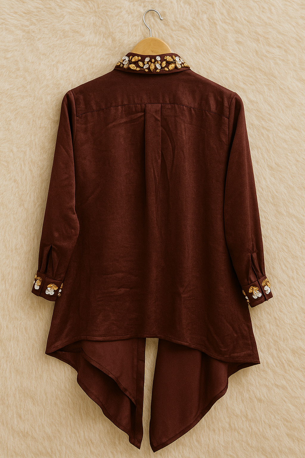 Hand-Embroidered Satin Drape Maroon Shirt