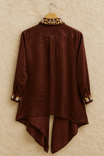 Hand-Embroidered Satin Drape Maroon Shirt