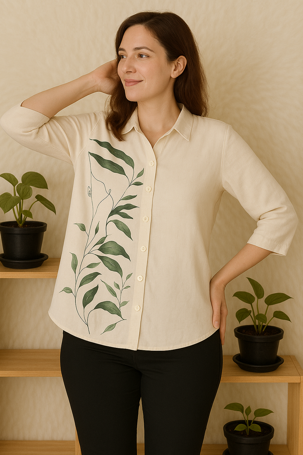 Ivory Leaf Print Khadi Cotton Shirt