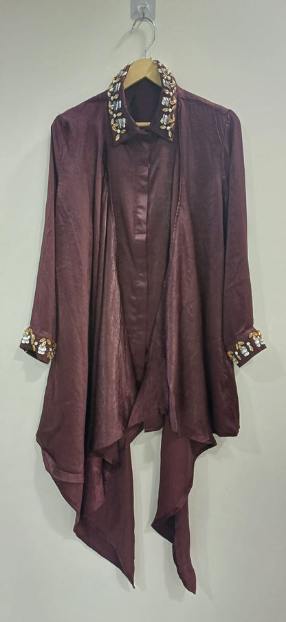Hand-Embroidered Satin Drape Maroon Shirt