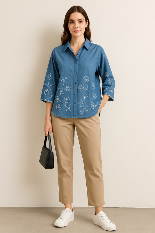 Embroidered Denim A-Line Shirt 1
