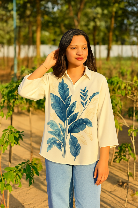 Tropical Leaf Print Plus Size Georgette Shirt
