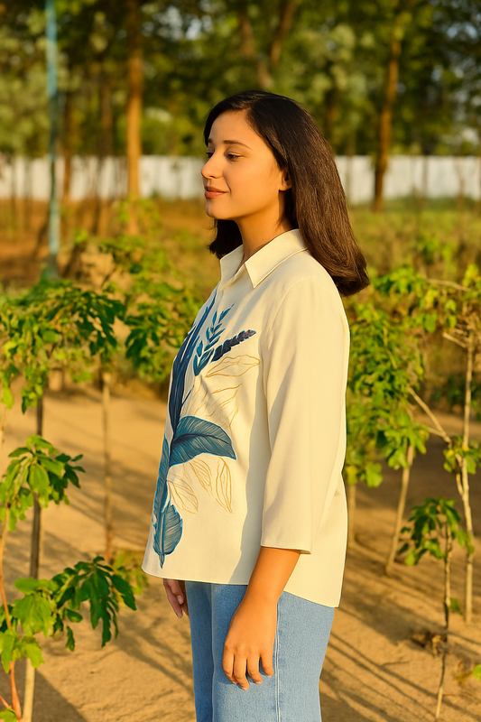 Tropical Leaf Print Plus Size Georgette Shirt
