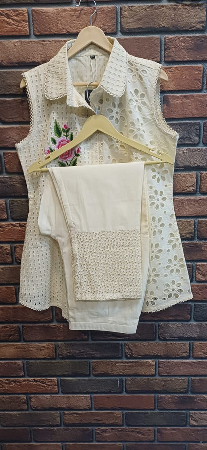 Cream Floral Embroidered Co-ord Set